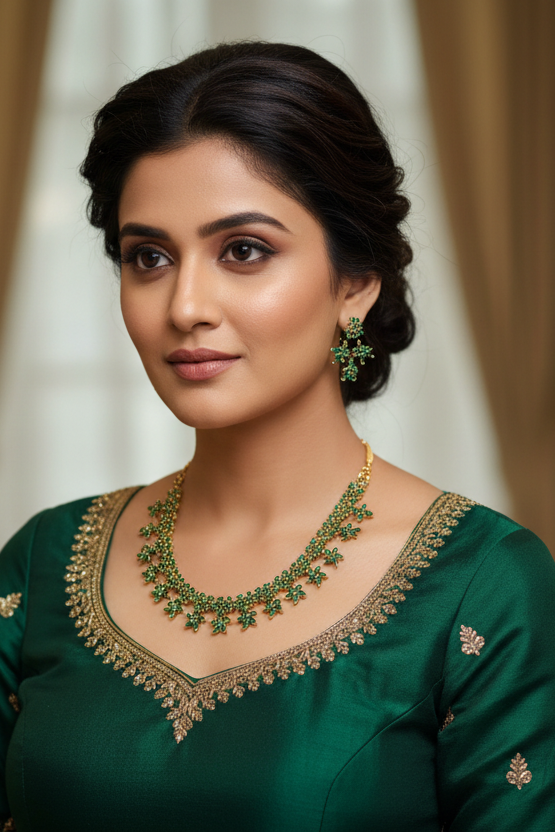 Close-up of woman wearing green ethnic blouse with gold embroidery and matching green gold jewelry