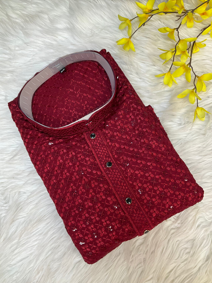 Maroon Rayon Chikankari Kurta sets