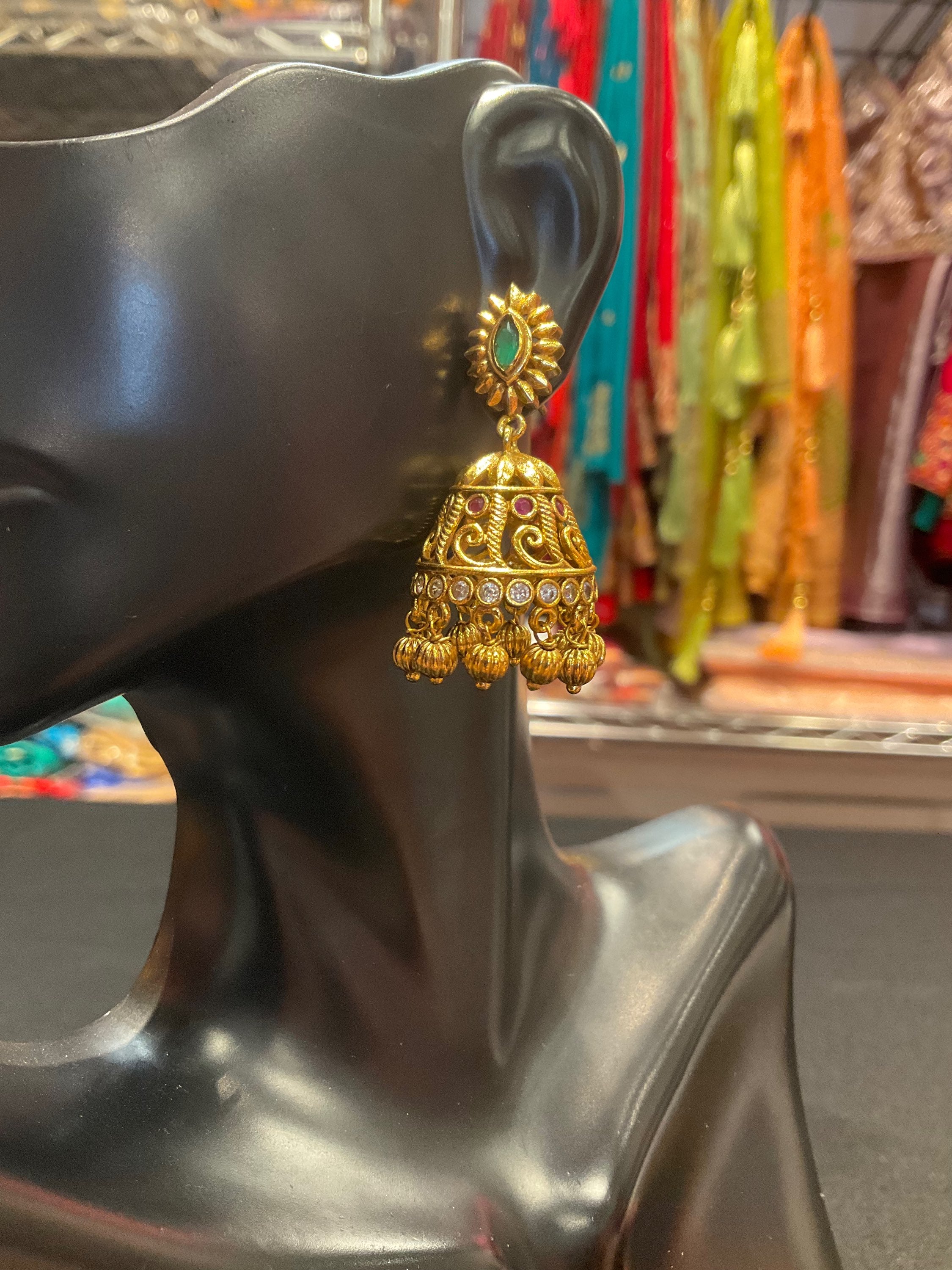 Gold plated Jhumkas/Earrings with multicolor stones image 1