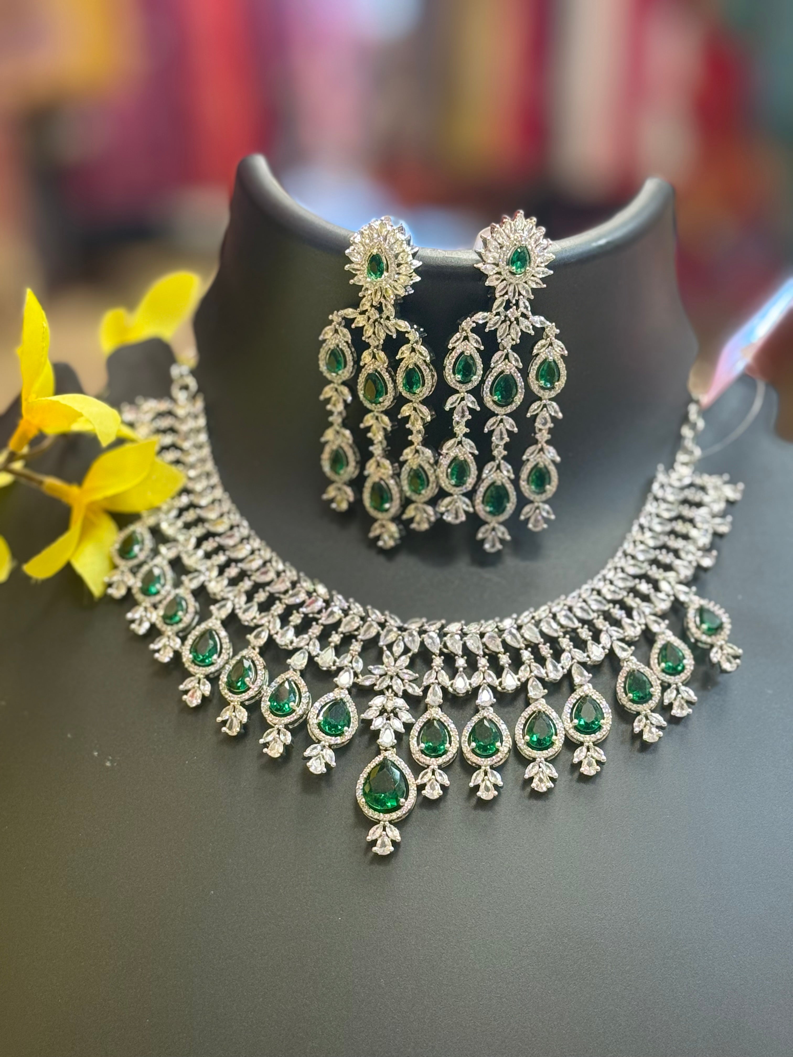 Party Wear Silver Finish Emerald Necklace set