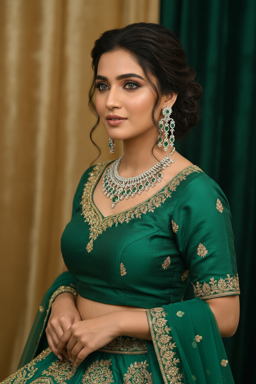 Indian woman in green embroidered saree blouse wearing green and diamond jewelry set at Anandi Fashions