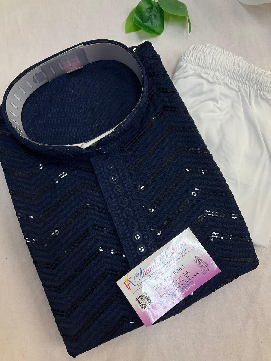 Boys Navy Blue Sequence Kurta Set - Premium Embroidered Ethnic Wear