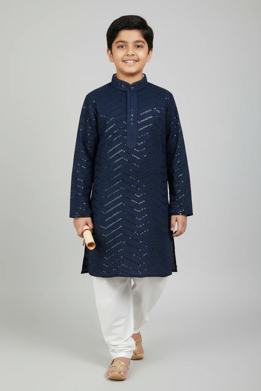 Boys Navy Blue Sequence Kurta Set - Premium Embroidered Ethnic Wear