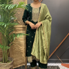 Woman in dark green embroidered Indian ethnic wear with matching pants and light green dupatta, standing indoors by wooden screen and plant