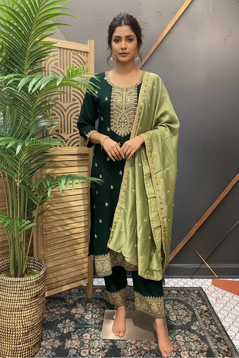 Woman in dark green embroidered Indian ethnic wear with matching pants and light green dupatta, standing indoors by wooden screen and plant