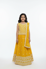 Girls Yellow Satin Silk Lehenga Set