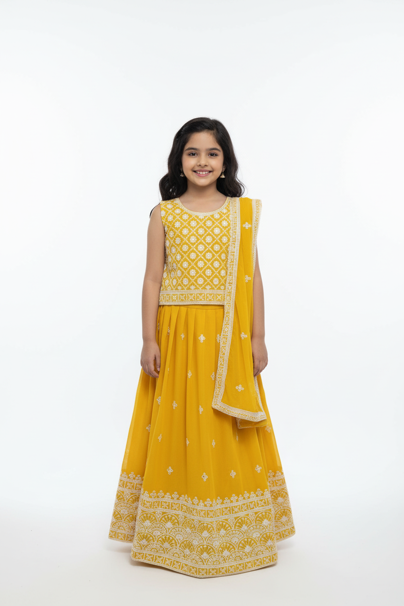Girls Yellow Satin Silk Lehenga Set