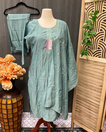 Plus Size Roman Silk Embroidery Kurti Set Size 44 - 3-Piece Party Wear