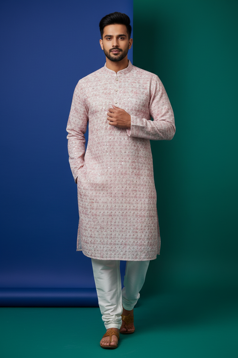 A light pink and white patterned kurta with a mandarin collar and decorative sequins, displayed on a white faux fur background with a brand tag attached.