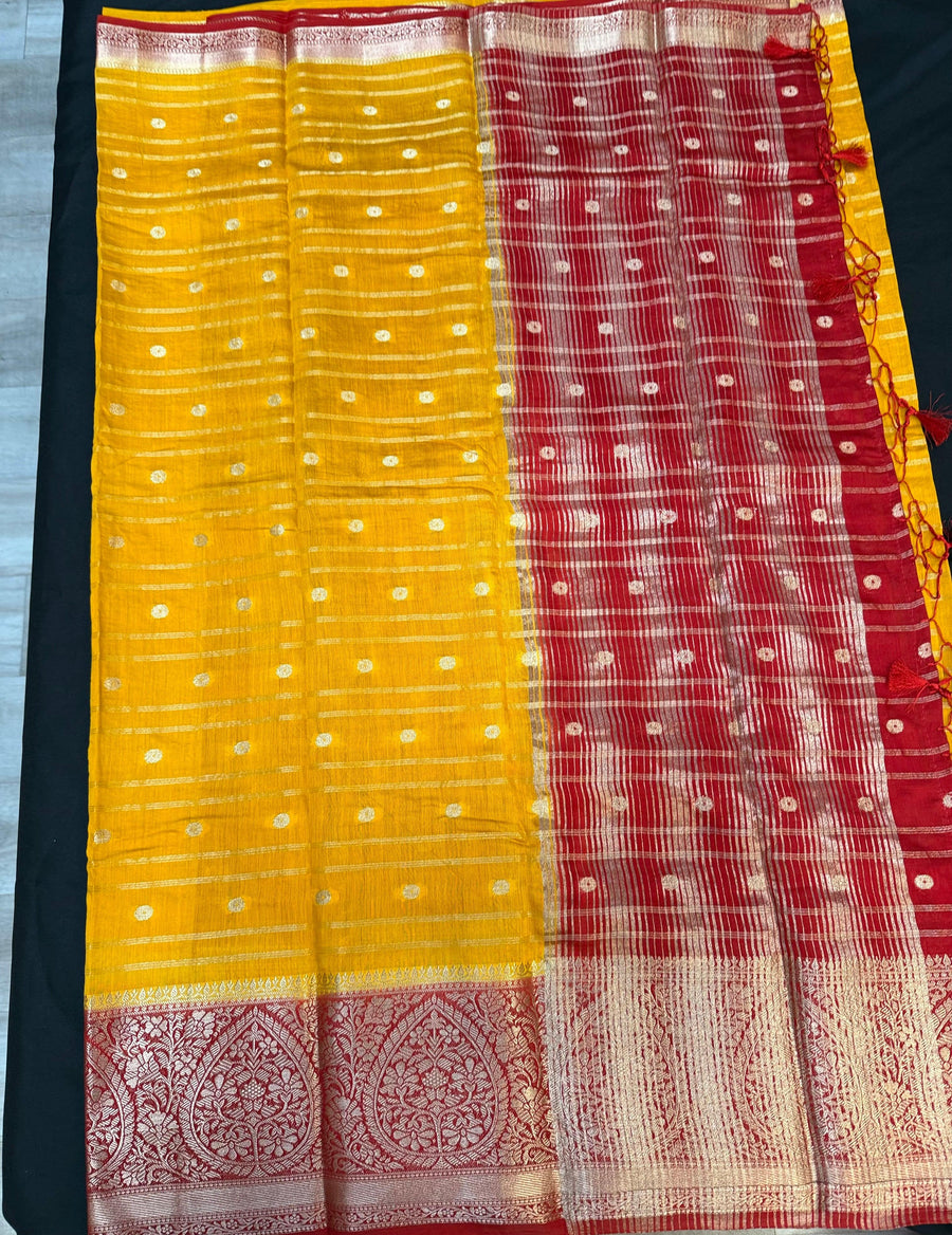 Yellow Silk Saree with Red Border - Traditional 7.5 Inch Border
