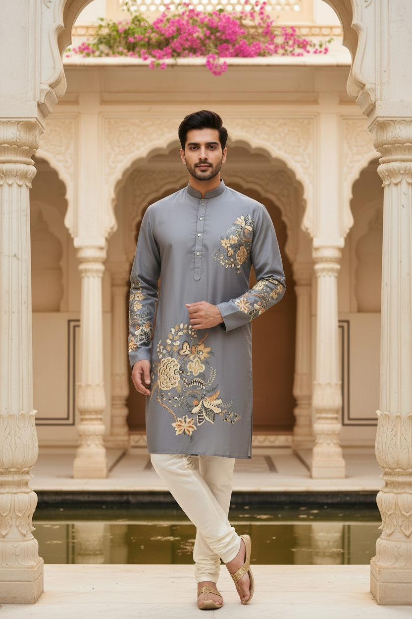 Grey Digital Print Mens kurta set