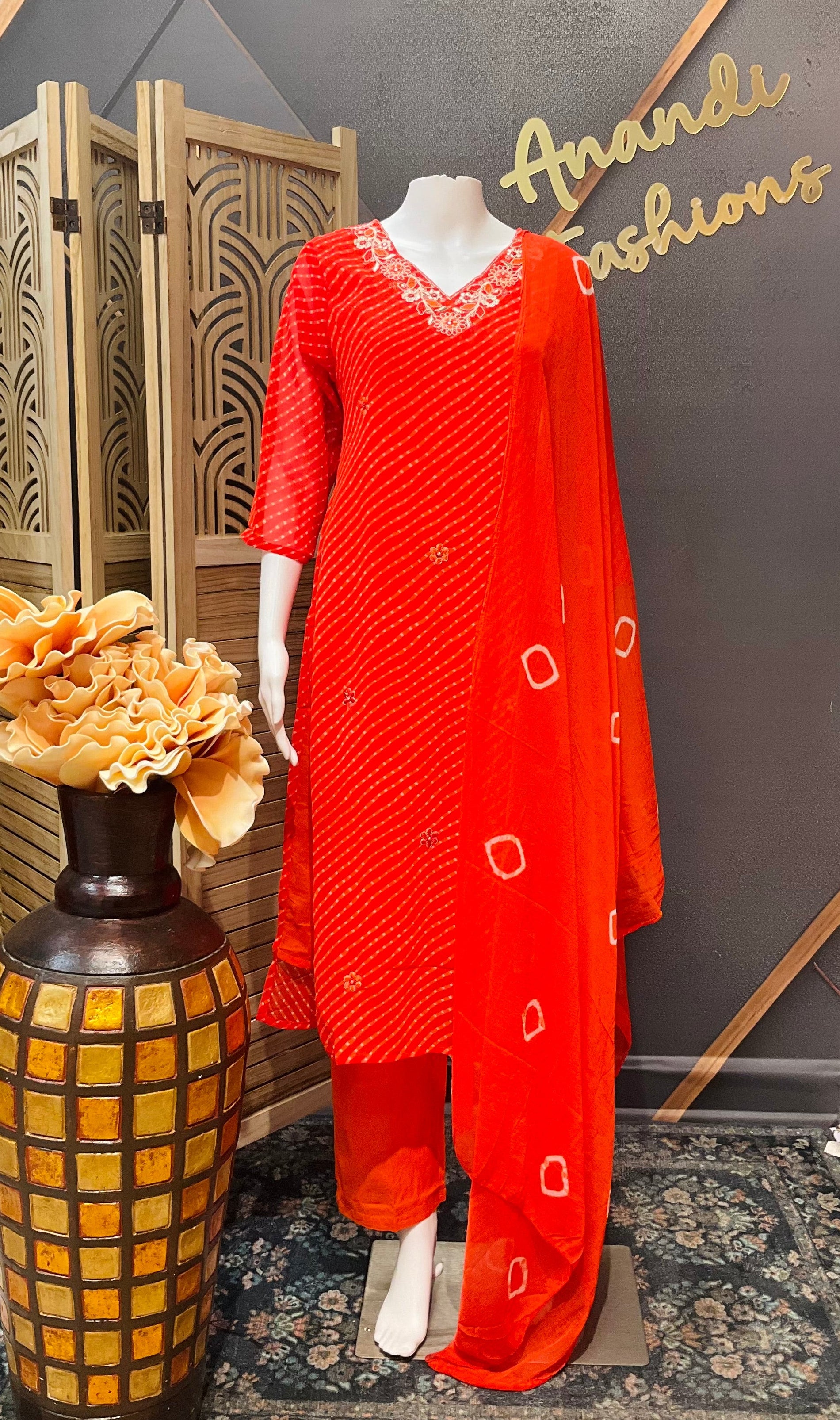 Orange Leheriya Georgette Kurti set