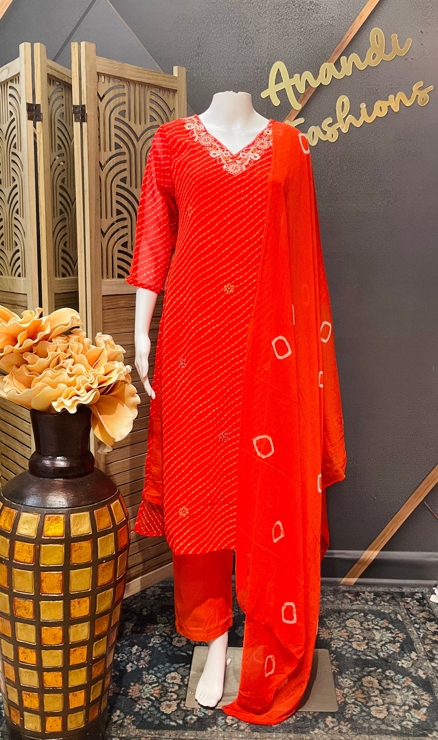 Orange Leheriya Georgette Kurti set
