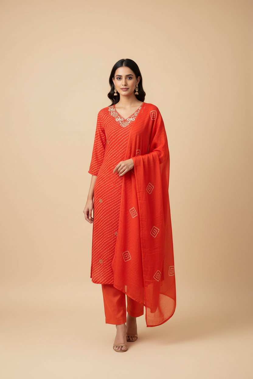 Orange Leheriya Georgette Kurti set