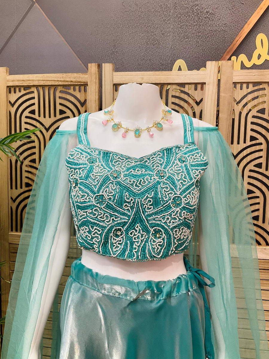 Fancy Satin Silk Lehenga Choli Set - Long Sleeves Party Wear