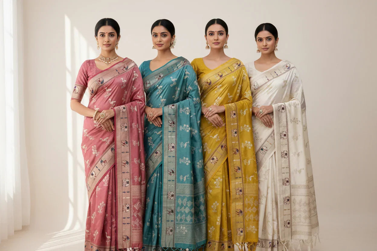 Four women wearing elegant Indian sarees in pink, teal, yellow, and white with traditional jewelry at Anandi Fashions