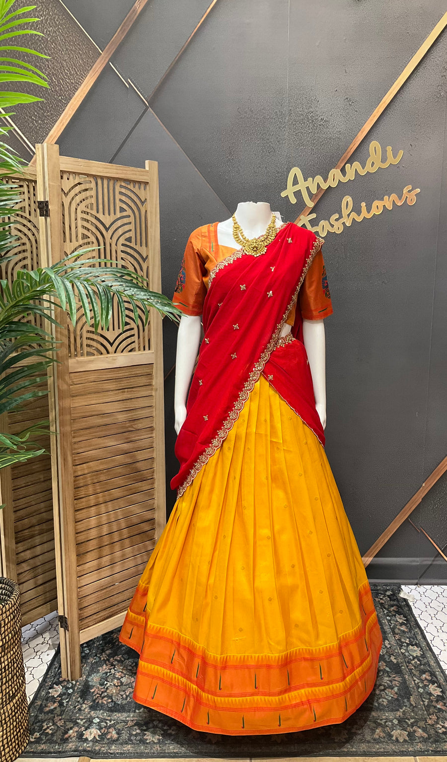 Teenage Girls Yellow & Red Semi Paithani Half saree/Lehenga set