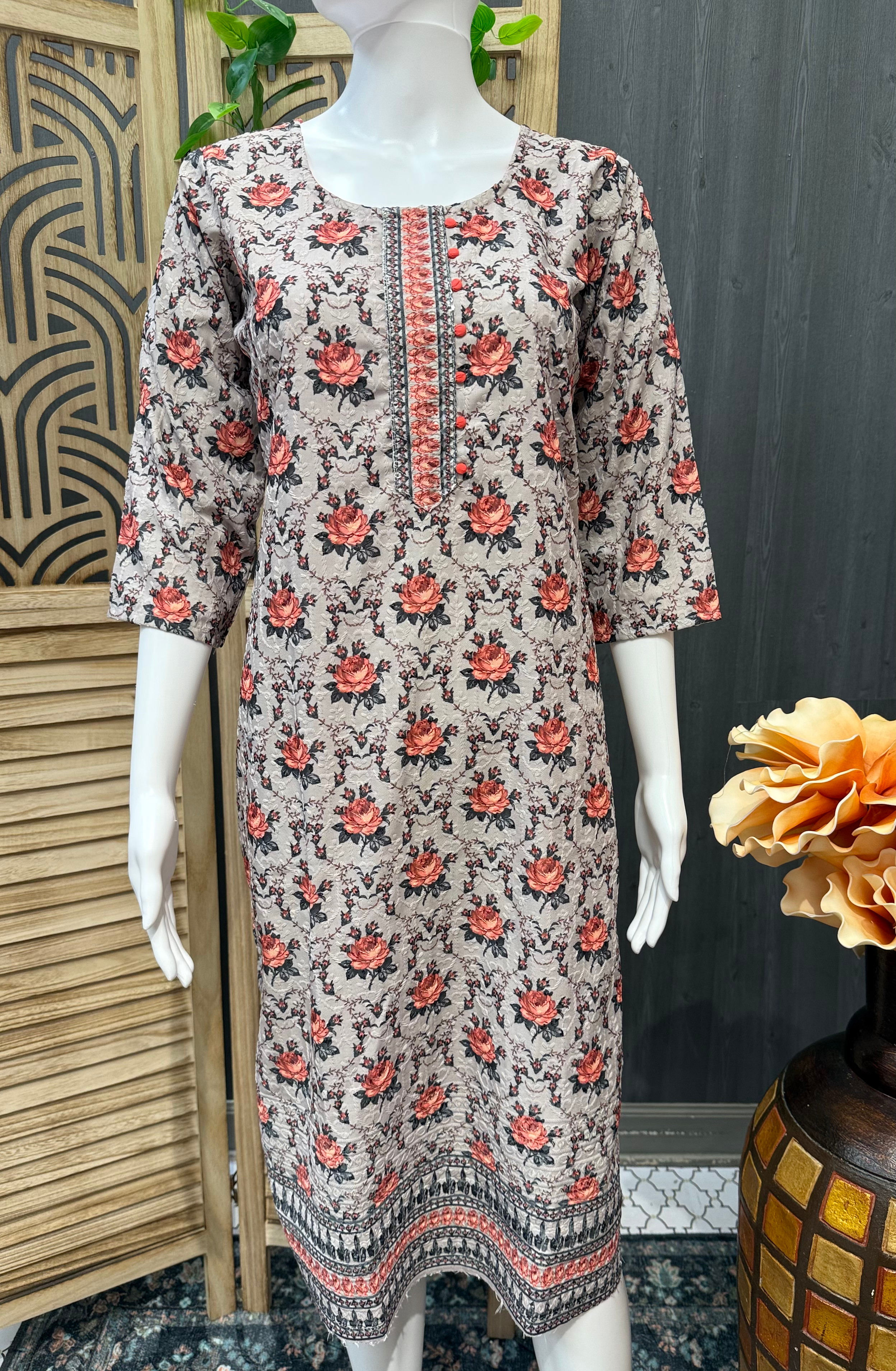Grey Color- Digital Print Floral print Chikankari Kurti image 0