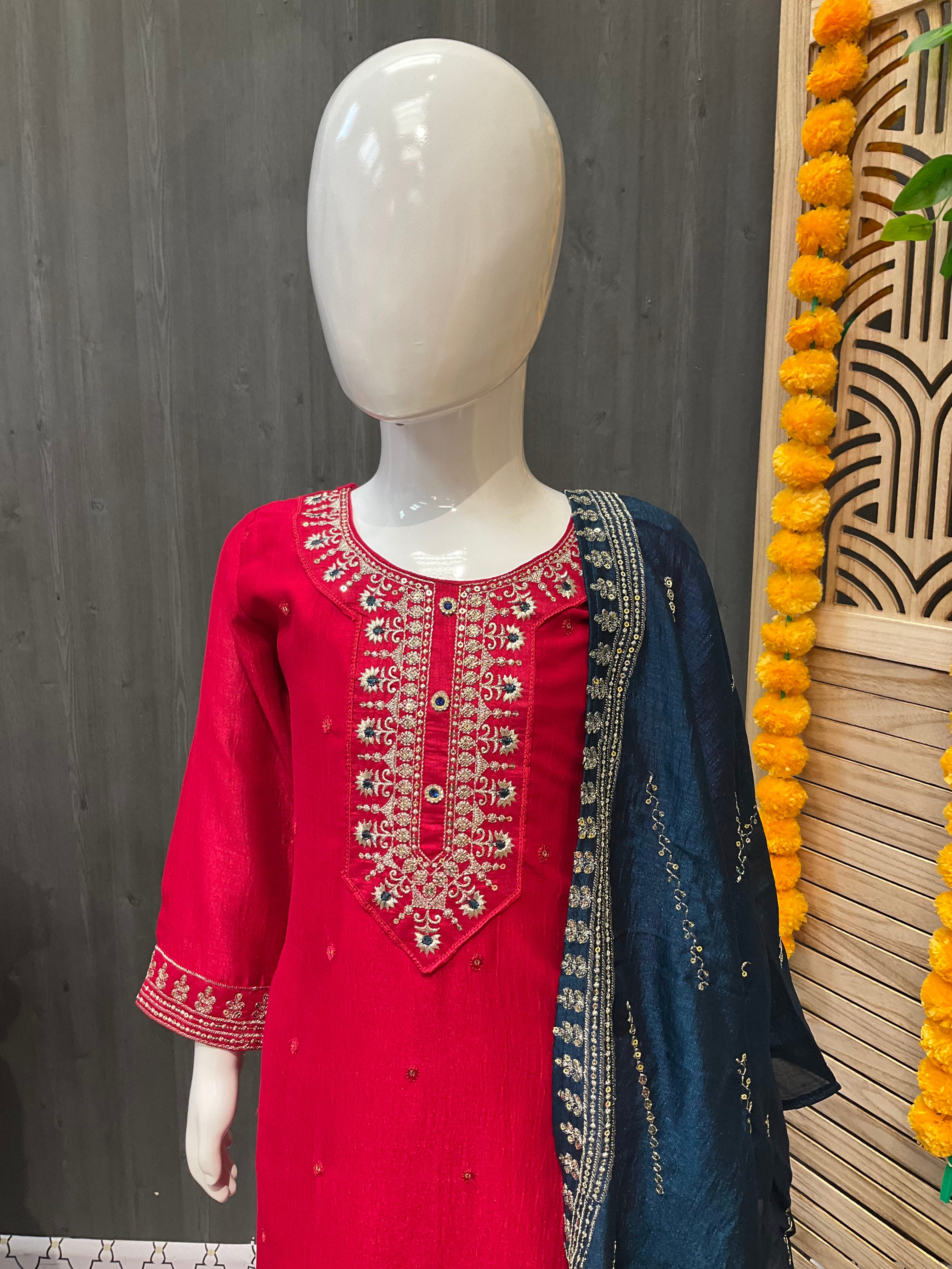 Little Girls- Roman Silk Material - Pink & Teal Blue Color Chudidhar set image 1