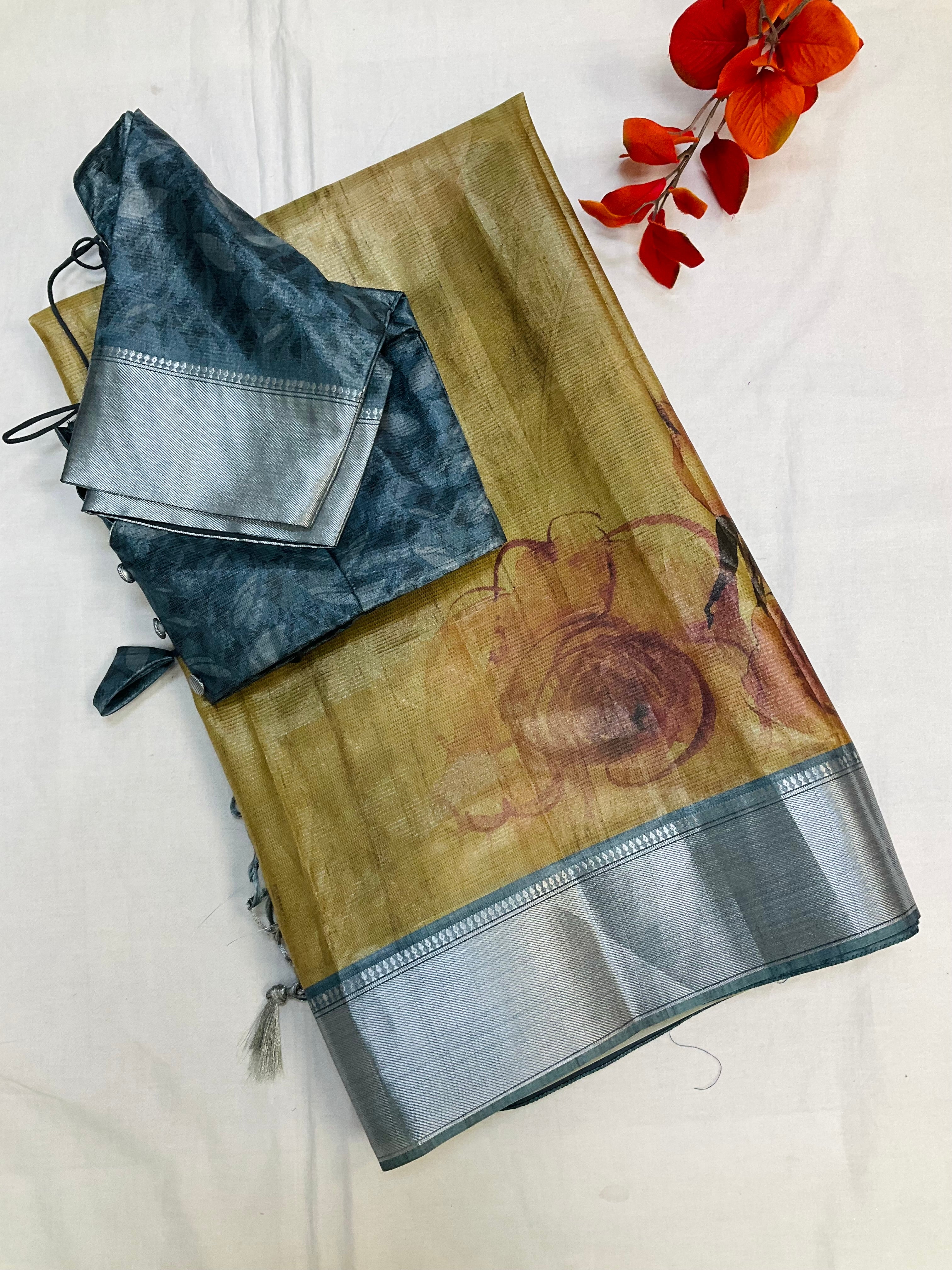 Floral Print Tussar Silk Saree with  Stitched blouse - fall pico done