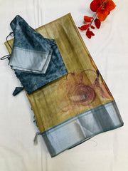 Floral Print Tussar Silk Saree with Stitched blouse