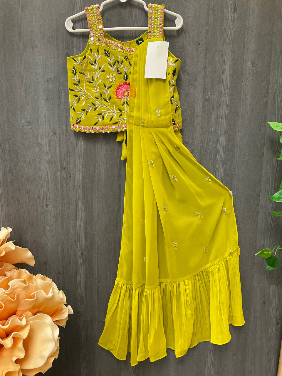 Size 24-Mehandi green kids lehenga set with dupatta fits image 3