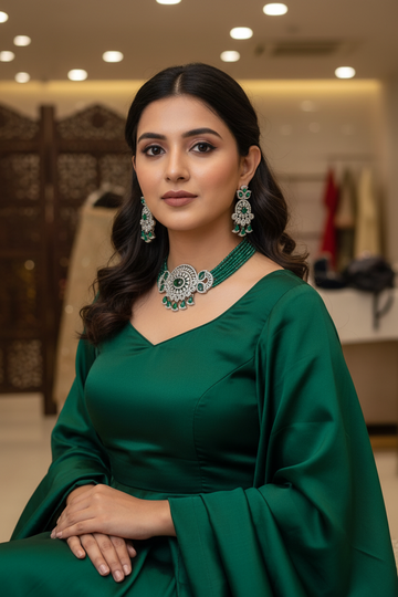 Portrait of woman in elegant emerald green Indian ethnic dress with matching intricate jewelry at Anandi Fashions boutique