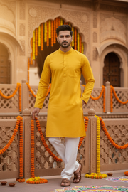 Men’s Pure Cotton Yellow & White Kurta Set
