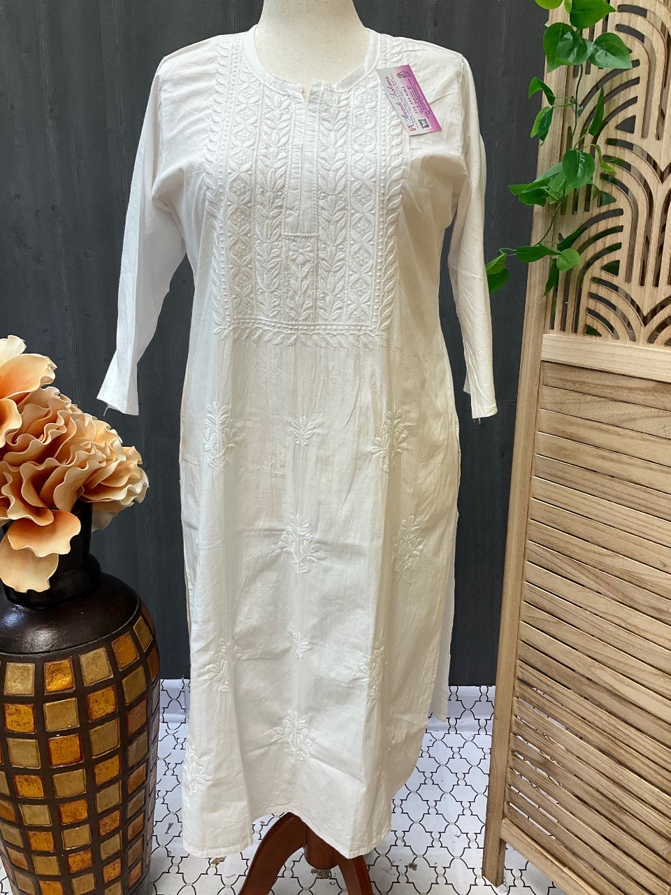 Size 48-Plus Sizes-White soft cotton chikankari kurti image 1
