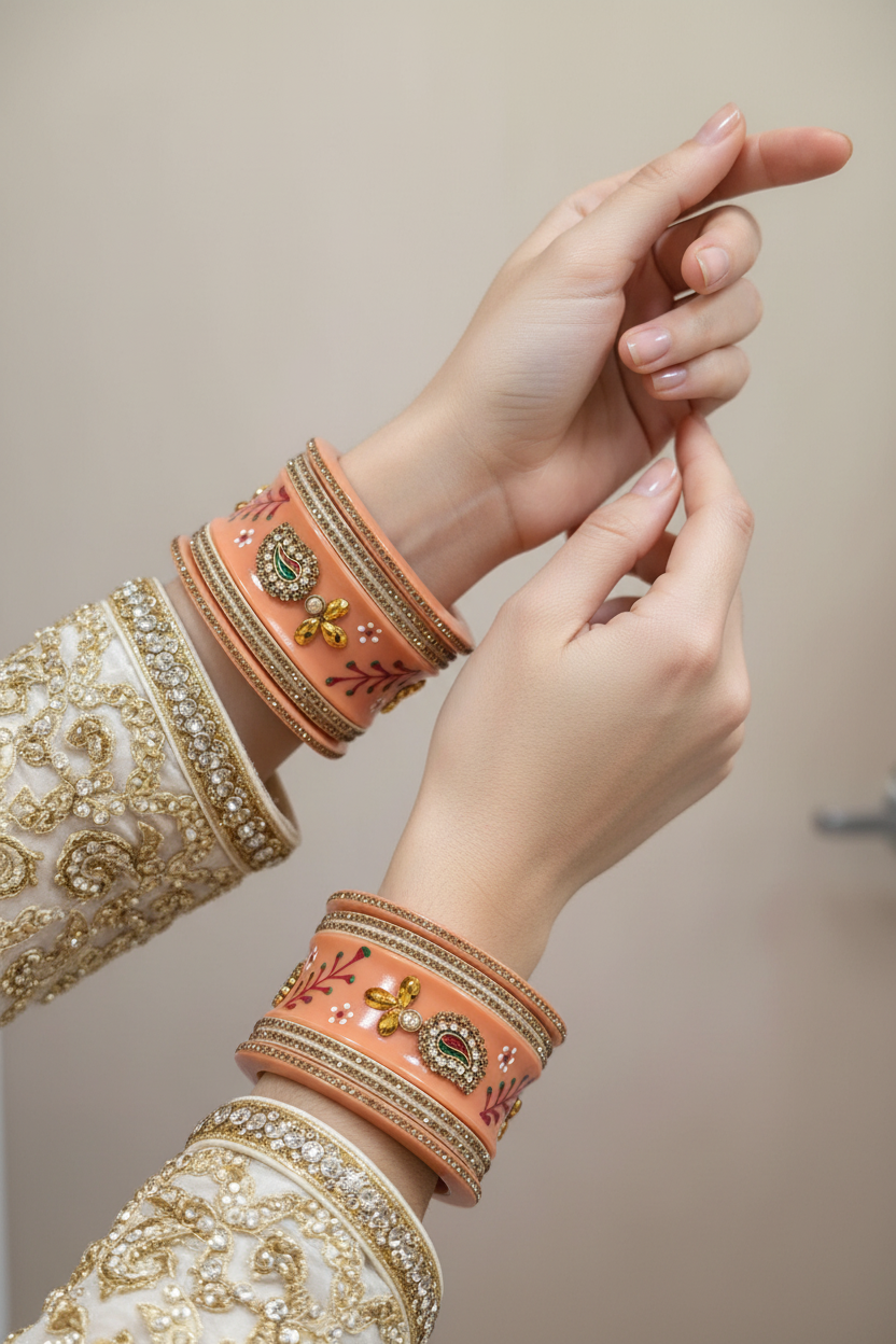 Close-up of hands wearing peach-colored traditional Indian bangles with gold and floral motifs, paired with embellished white and gold ethnic wear sleeves