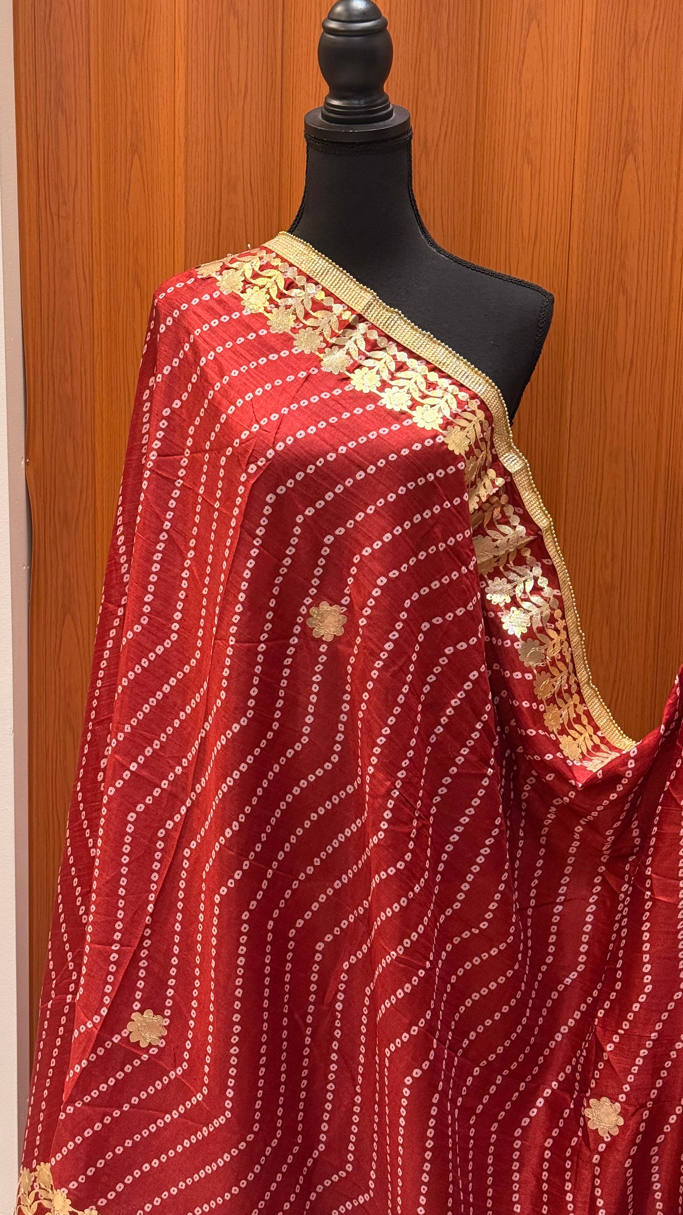 Women's Maroon Bandhani Silk Dupatta with Gota Patti Border - Women - Dupatta - Anandi Fashions
