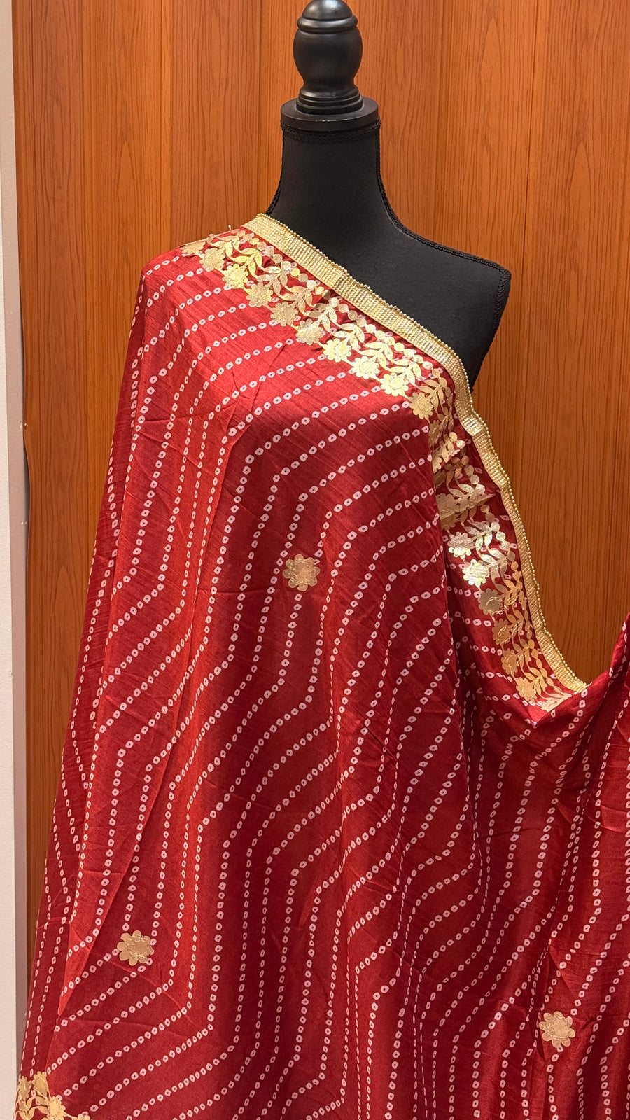 Maroon Bandhini Silk Dupatta with Gota Patti Border