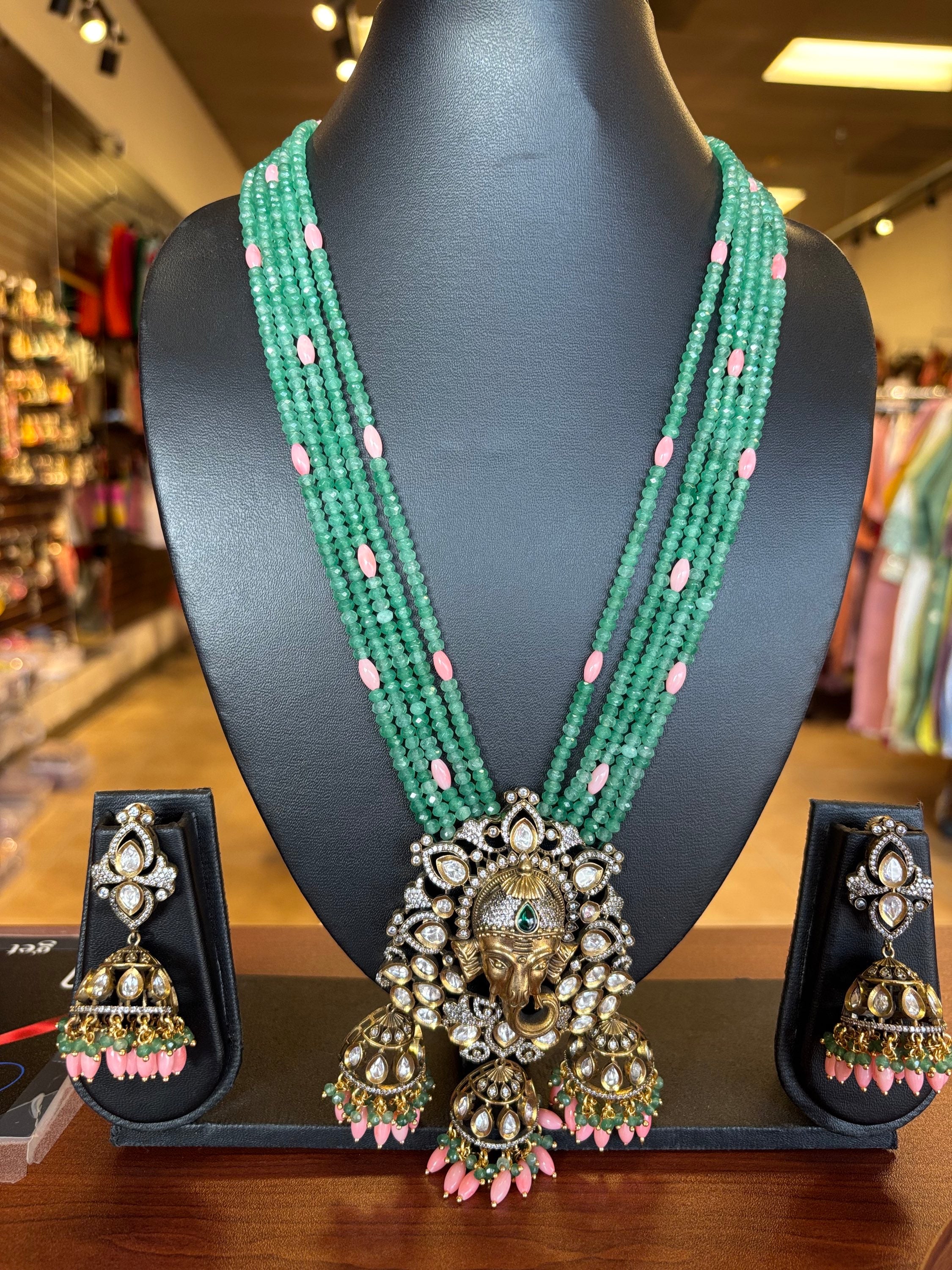 Beads Mala with Victorian Ganesha Pendant and jhumkas image 0