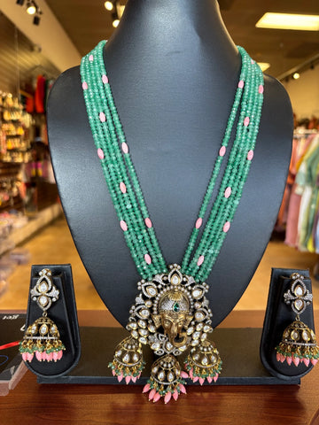 Beads Mala with Victorian Ganesha Pendant Necklace set and jhumkas