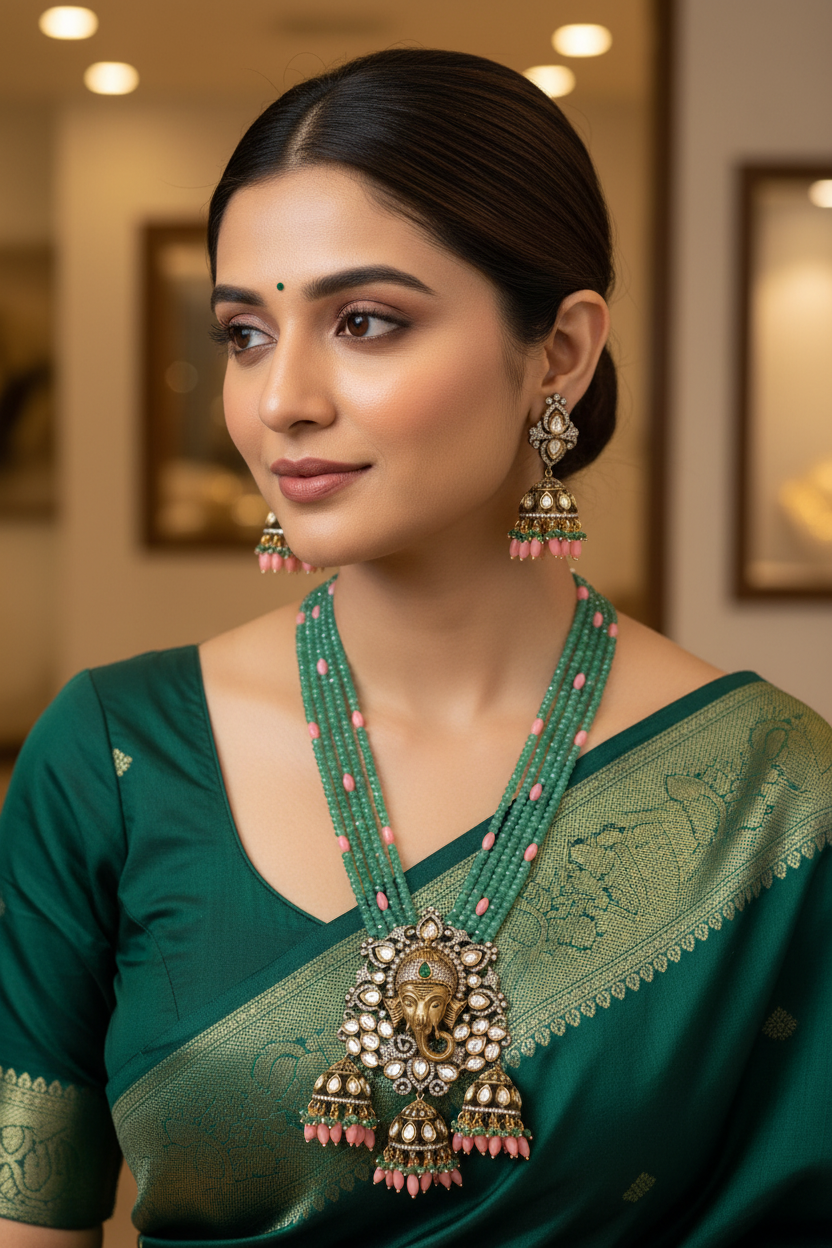 Woman wearing green silk saree with gold border and statement Ganesh pendant necklace, matching jhumka earrings