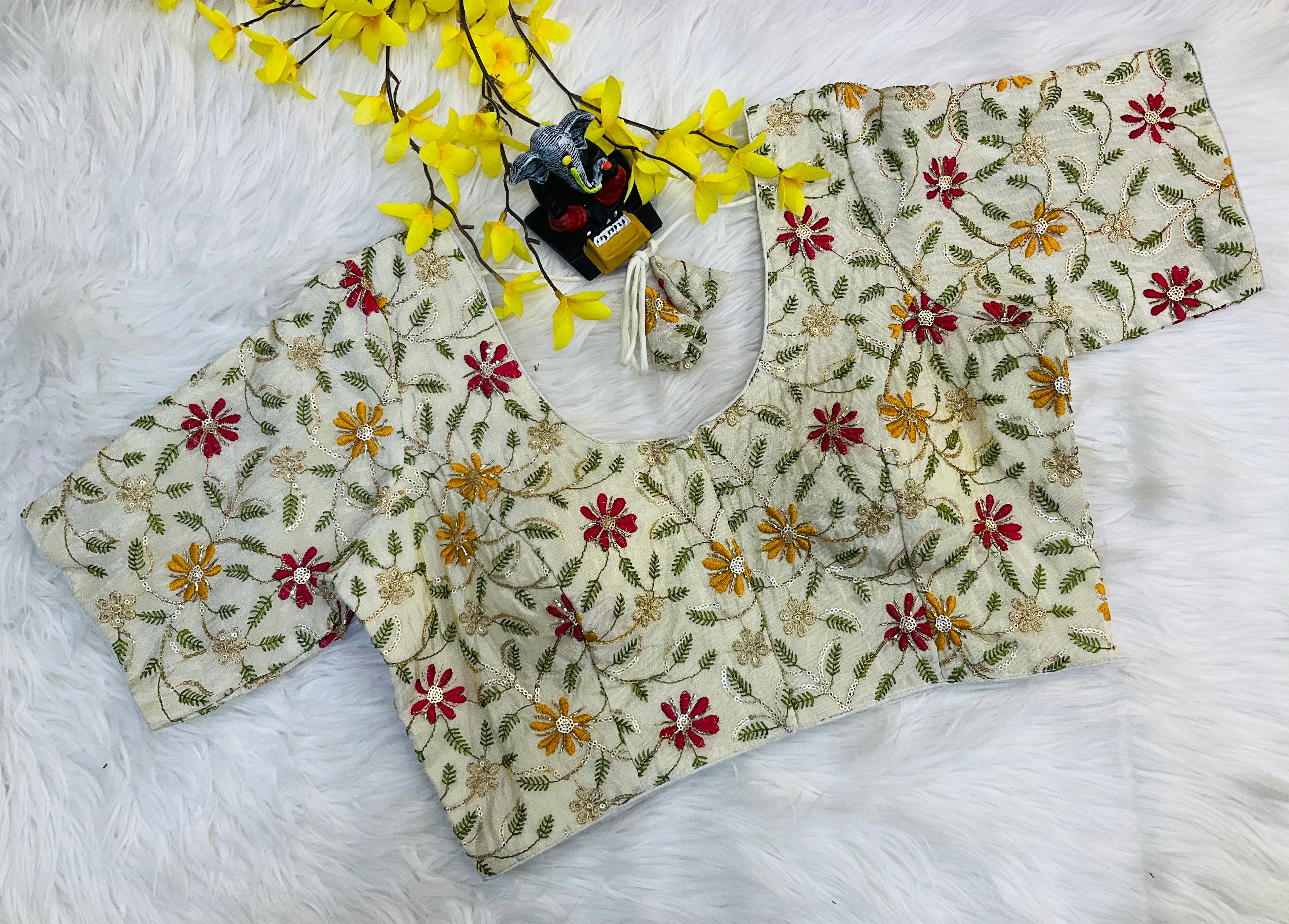 Front Opening - Half White Tissue Embroidery Work Blouse