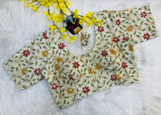 Front Opening Off White Tissue Embroidery Work Blouse