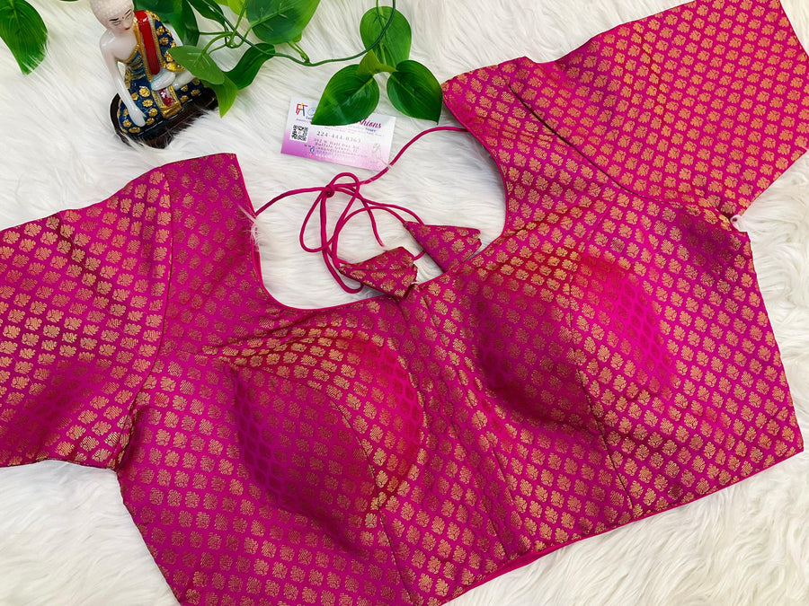 Premium Pink Brocade Blouse - Front Opening Size 48