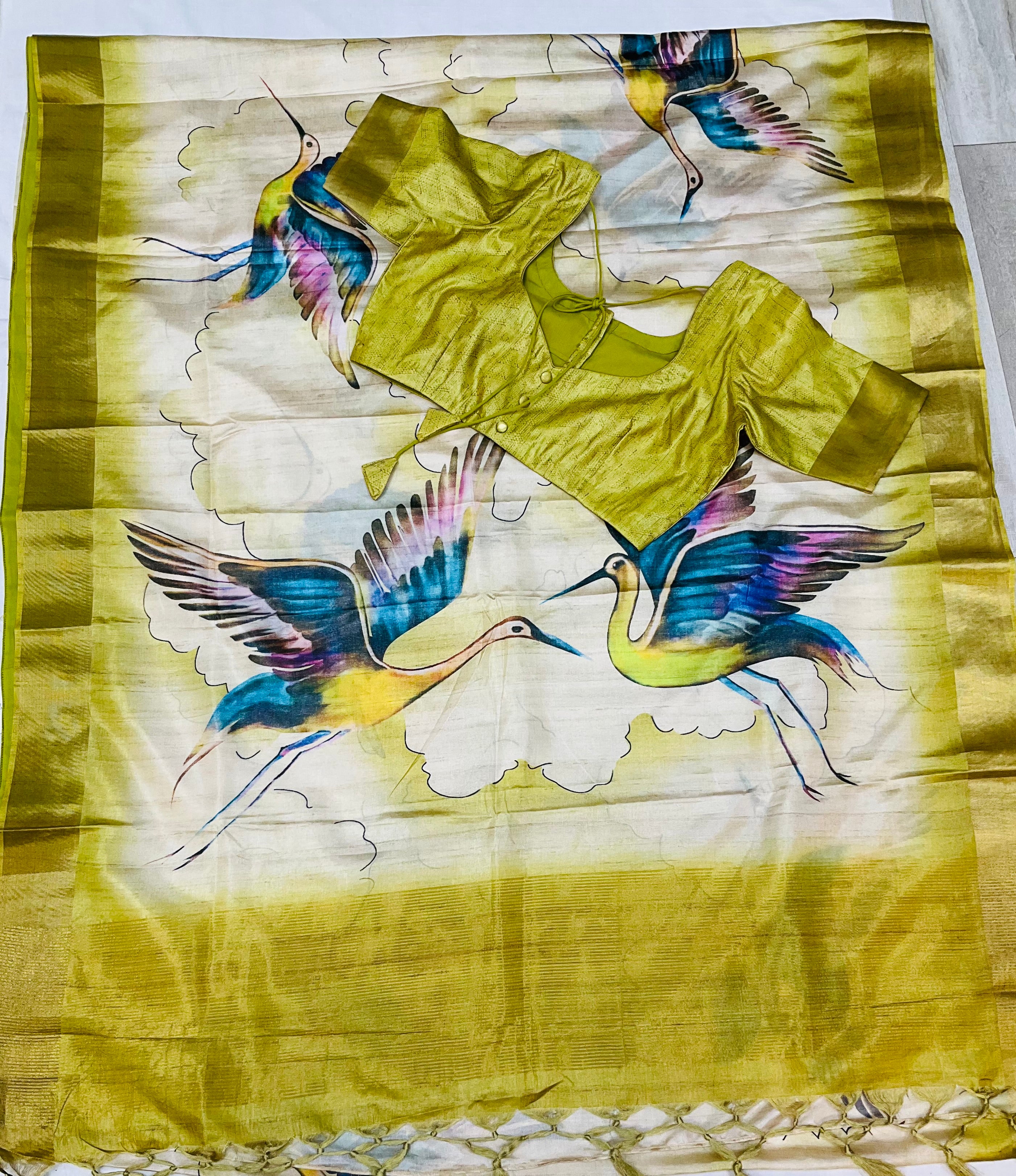 Digital Print - Tussar Silk Saree with Stitched Blouse- Bird Theme