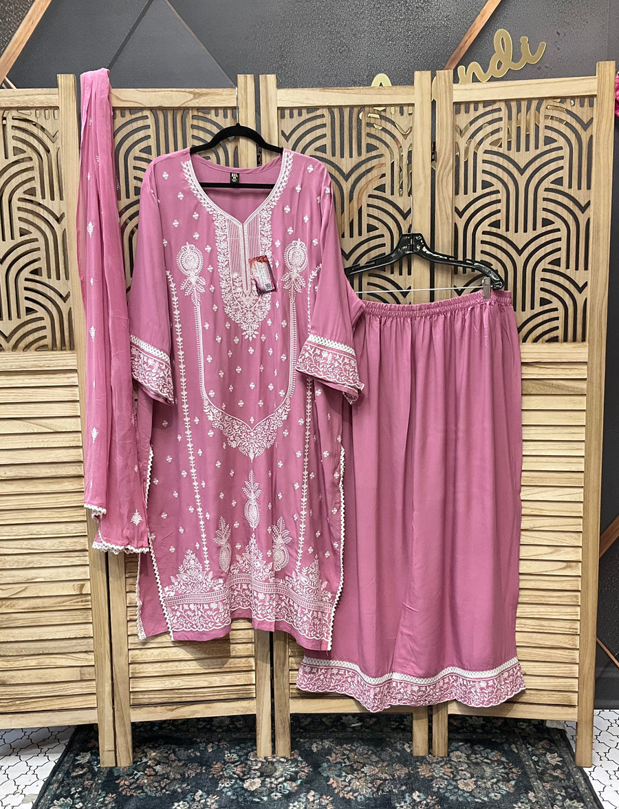 Plus size Pink Rayon Chikankari set