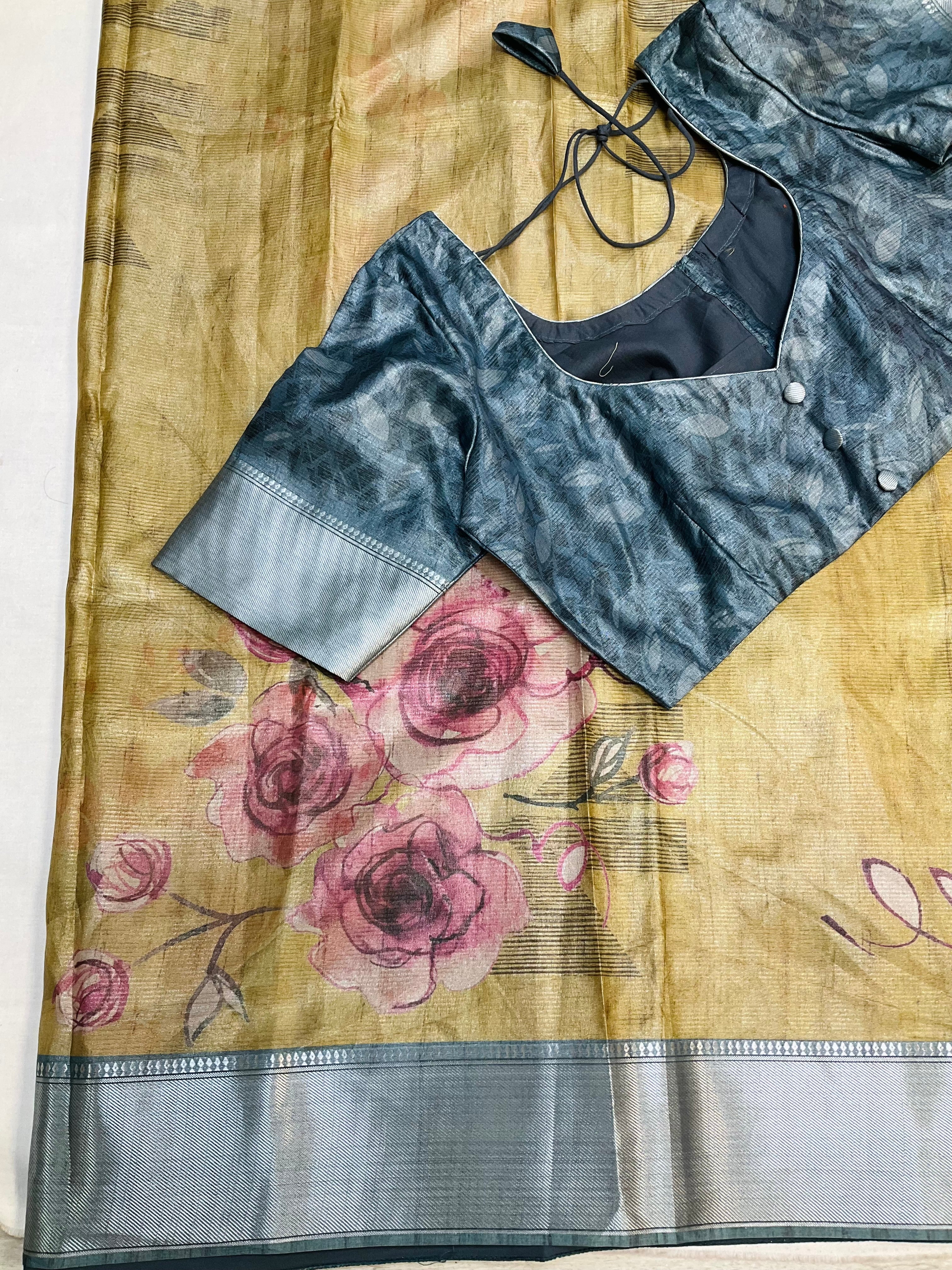 Floral Print Tussar Silk Saree with  Stitched blouse - fall pico done