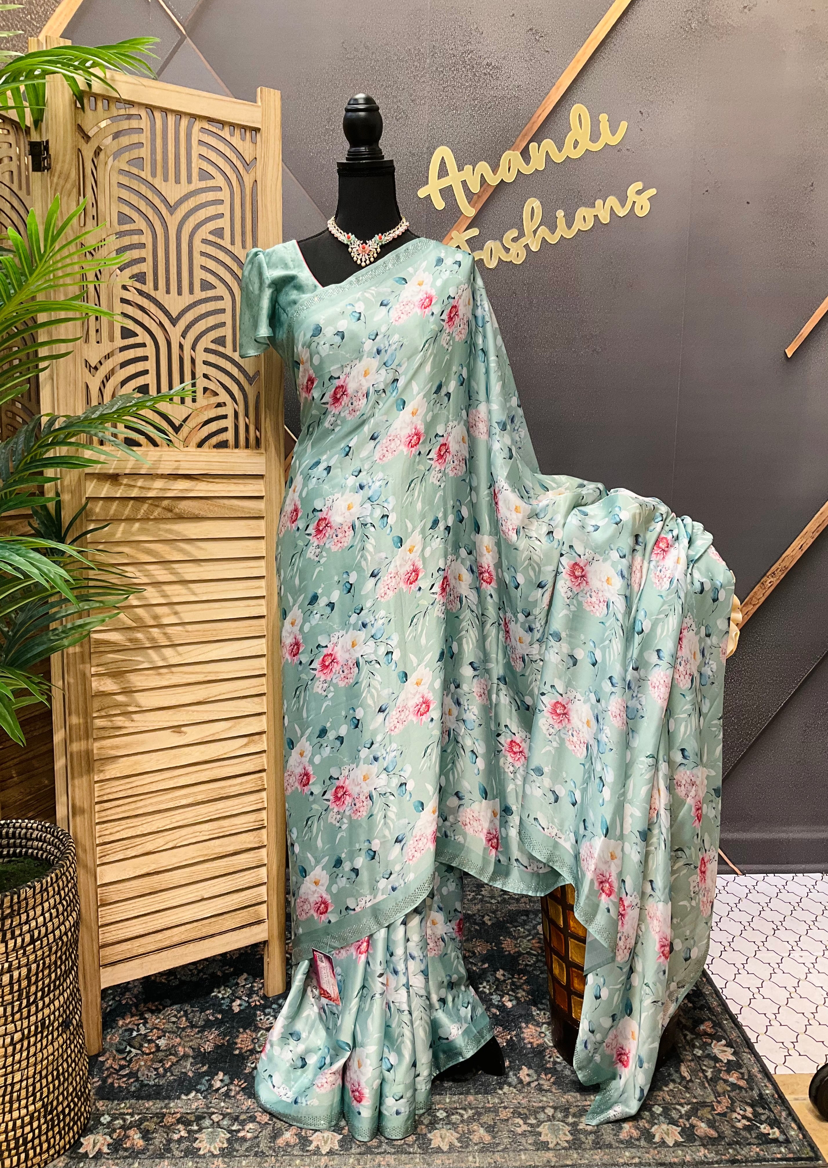 Crape Silk Digital print Floral sarees with stitched blouse