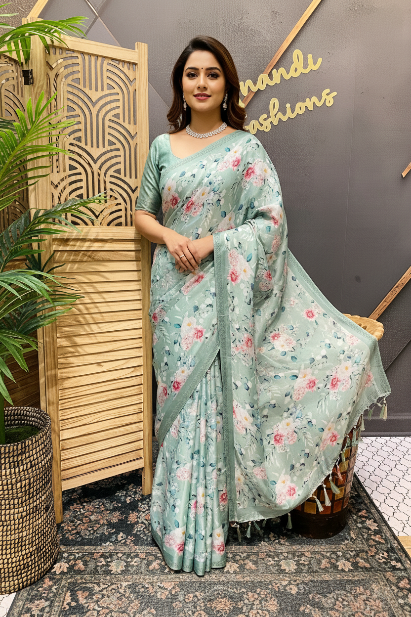 Crape Silk Digital print Floral sarees with stitched blouse