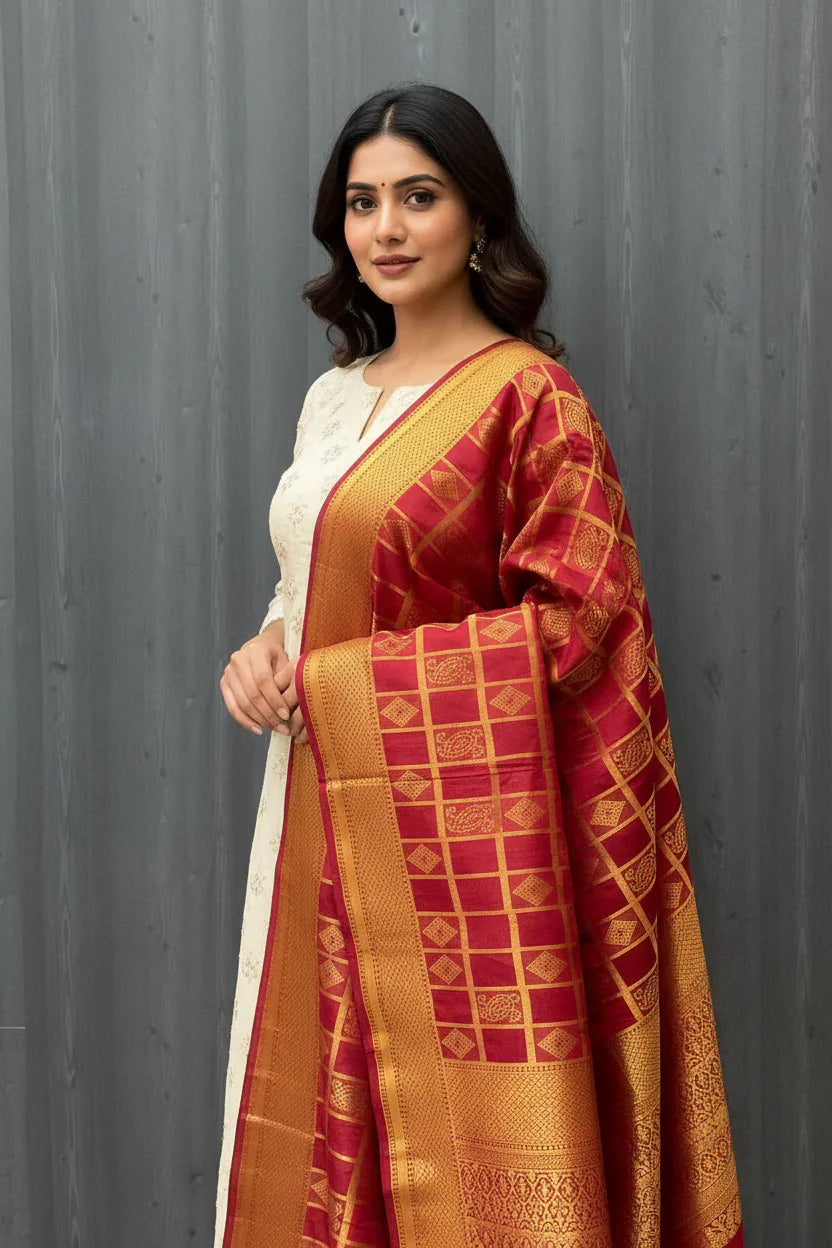 Woman in cream ethnic outfit showcasing red and gold traditional Indian saree with intricate patterns