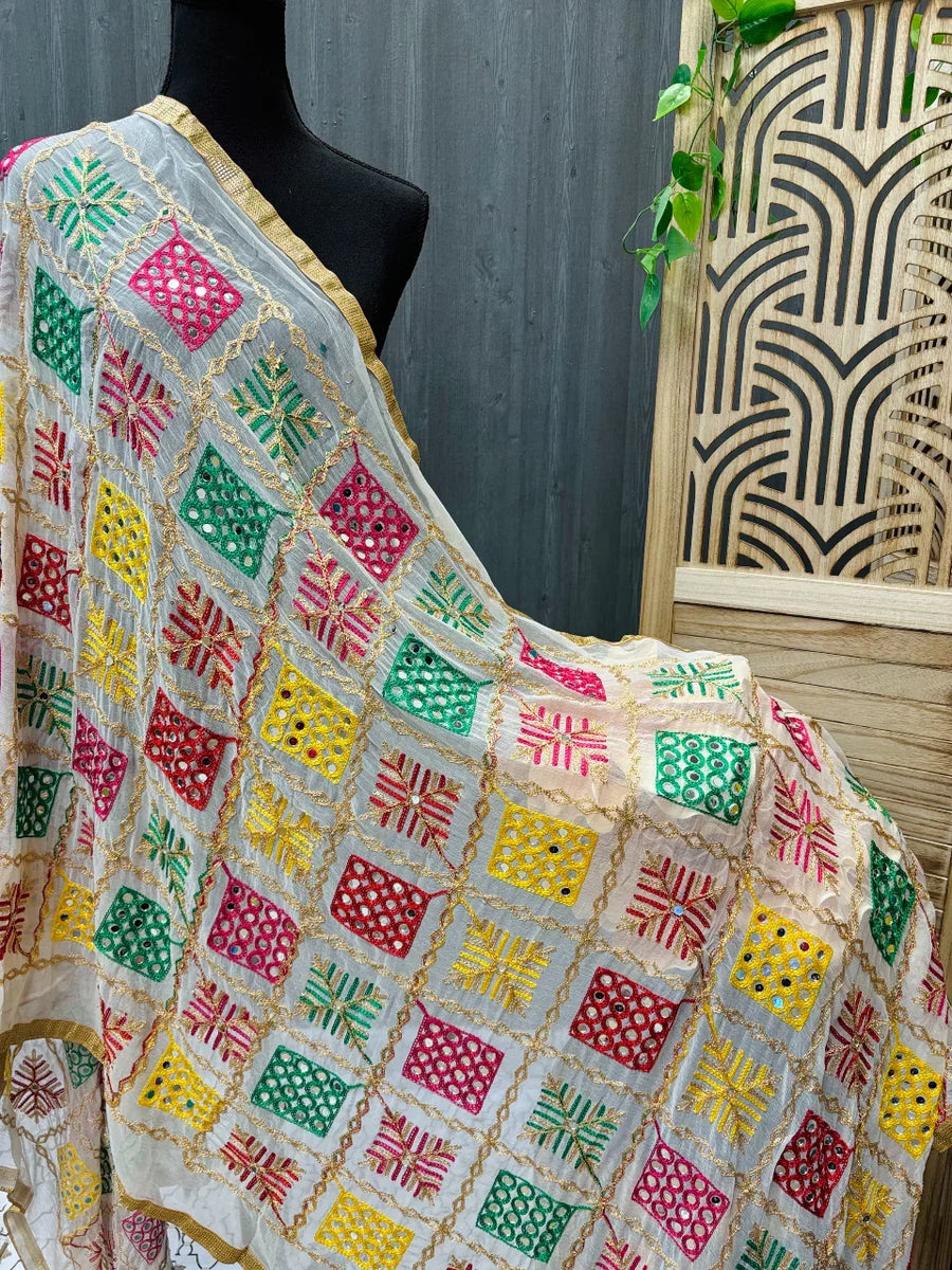 Phulkari Dupatta with Real Mirror Work - Traditional Embroidery