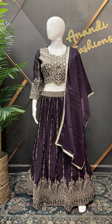 Shimmery Lehenga Set with Heavy Work - Dark Color Party Wear