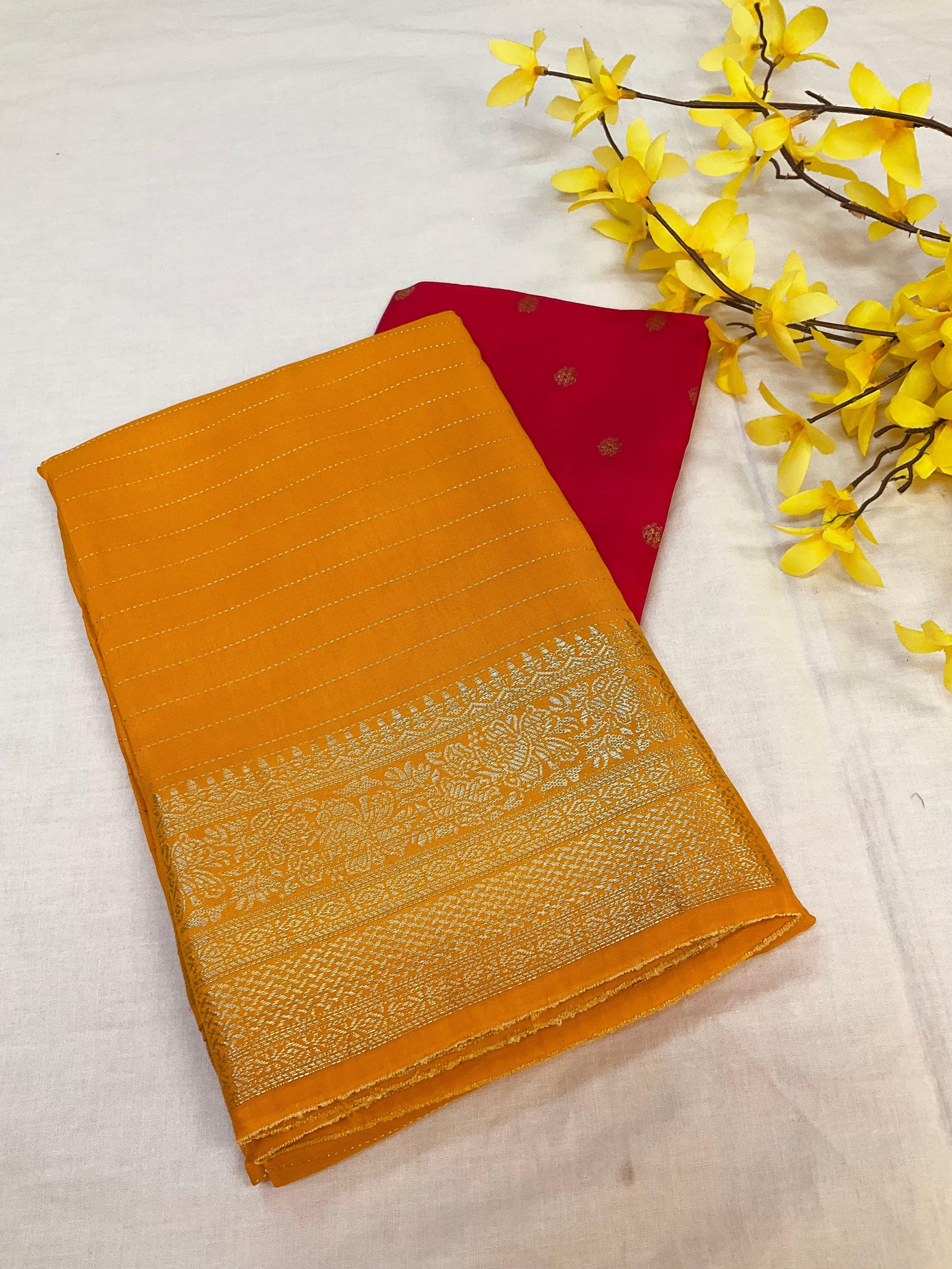 Yellow Fancy Silk Saree with Contrast Red Blouse - Soft Lightweight