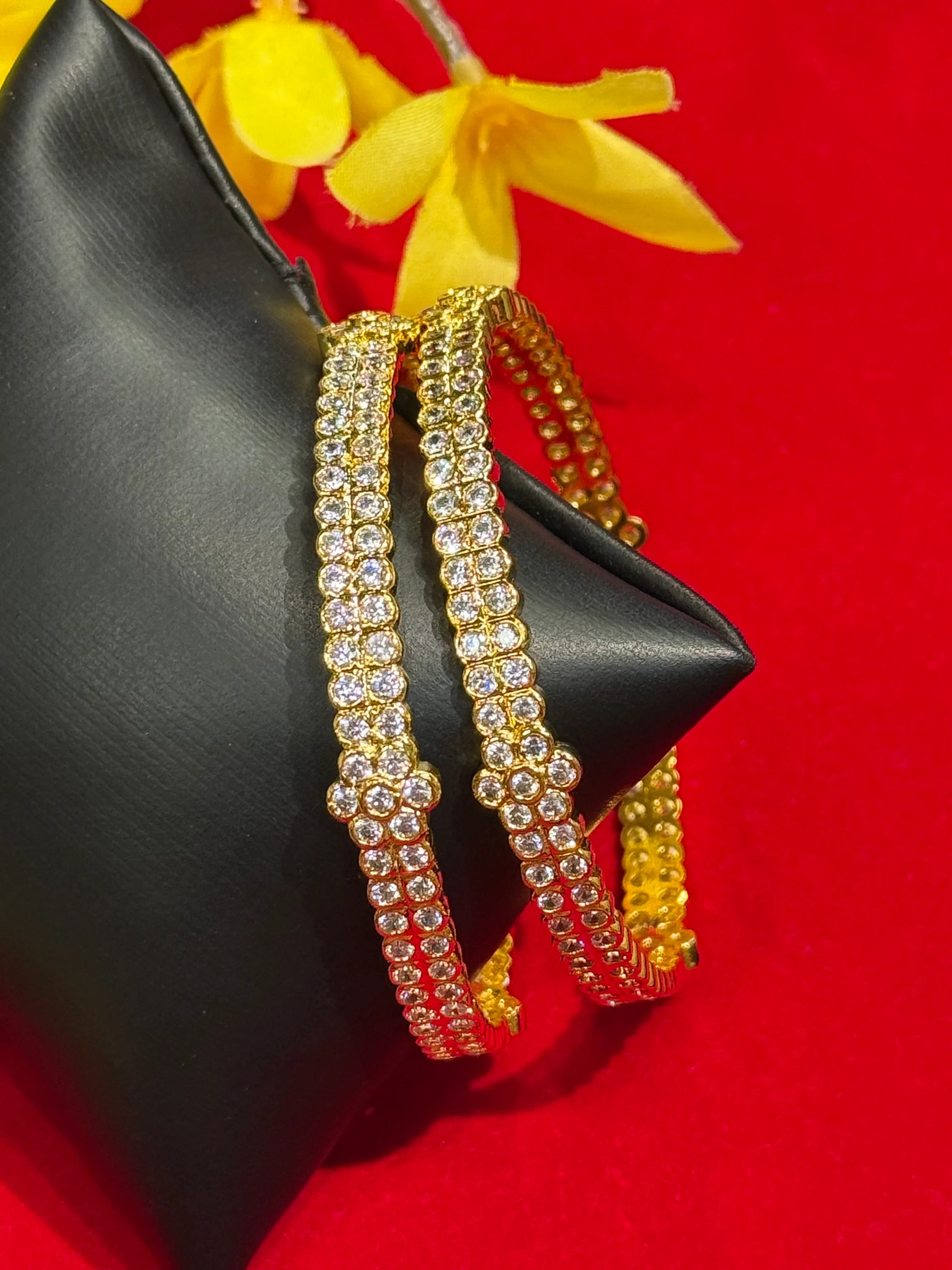 Gold Finish AD Bangles Set - Pair of 2 White Stone Bangles