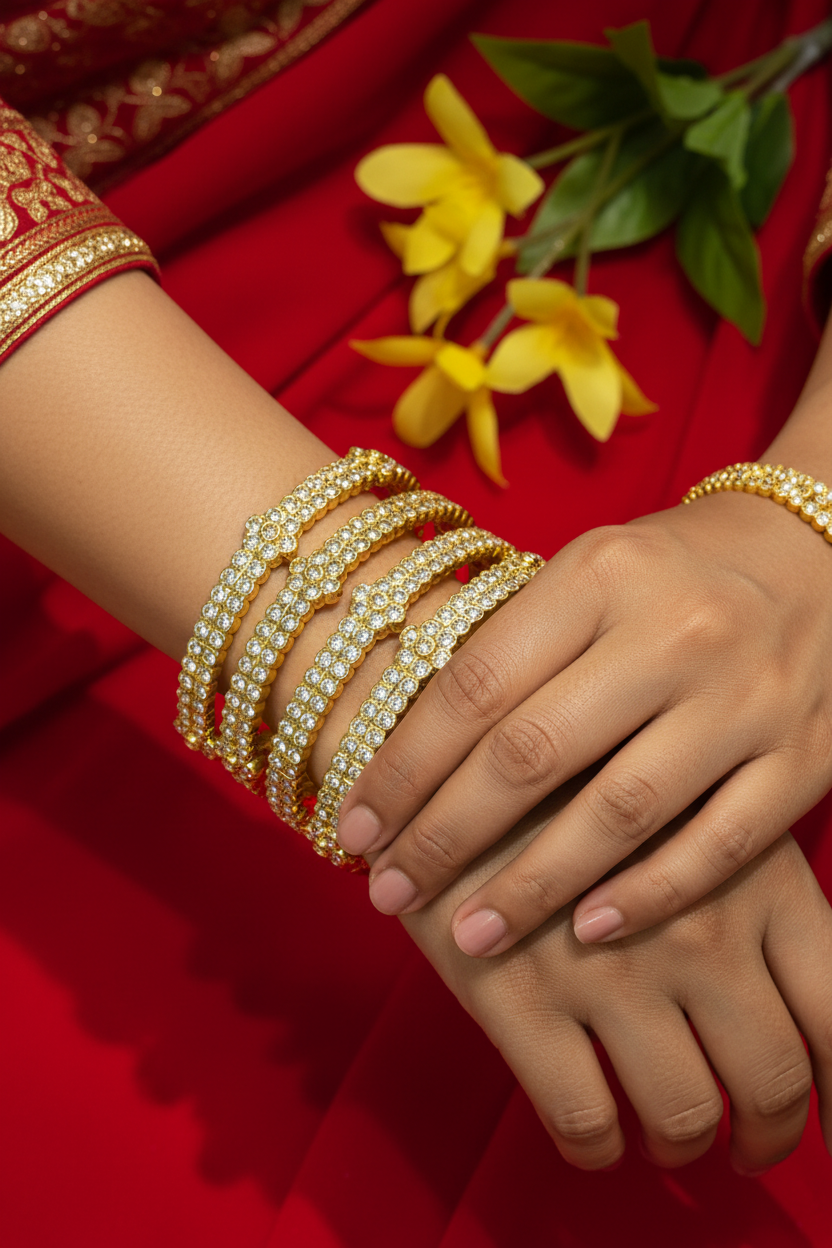 Close-up of hands wearing gold and diamond-studded Indian ethnic bangles on red fabric with yellow flowers