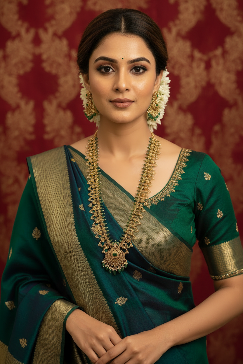 Woman in traditional green saree with gold jewelry and floral hair accessories against red patterned backdrop